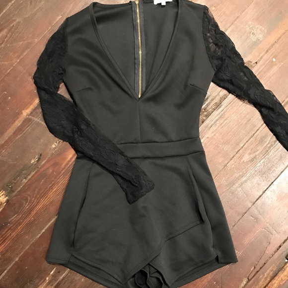 Charlotte Russe Pants - Black plunge neck romper with lace sleeves
